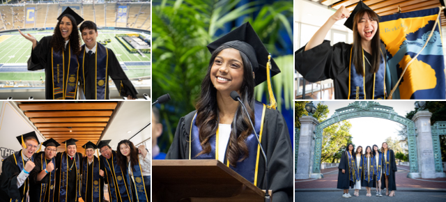 Collage of 5 photographs of graduating students in cap and gown regalia